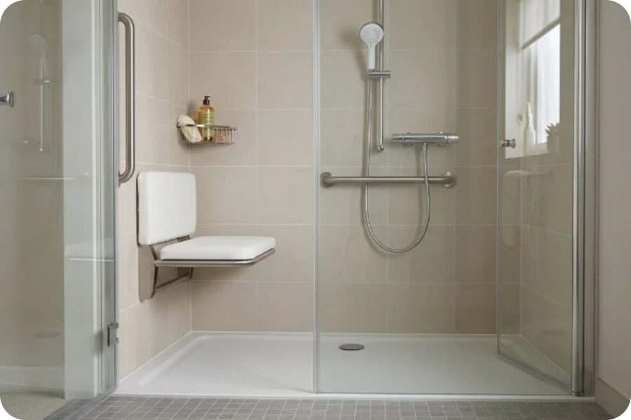 Douche sécurisée de plain-pied avec siège rabattable, barre d'appui et receveur antidérapant