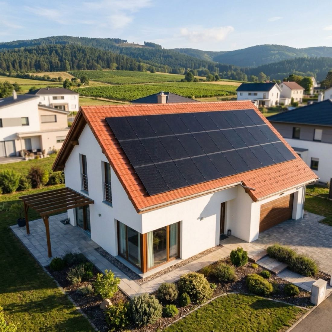 Maison équipée de panneaux solaires photovoltaïques au milieu des coteaux et vignes en Auvergne-Rhône-Alpes