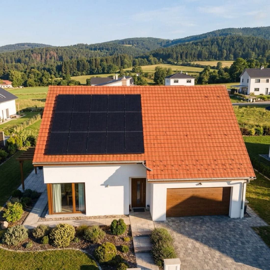 Maison équipée de panneaux solaires photovoltaïques dans un paysage vallonné de Bourgogne-Franche-Comté