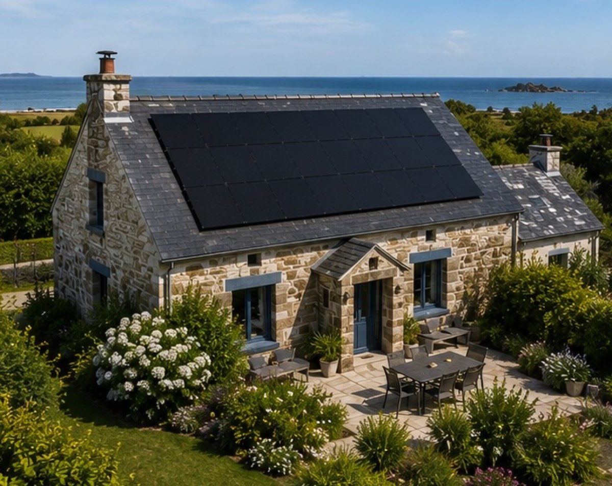 Maison en granit au toit d'ardoise équipée de panneaux solaires face à la mer en Bretagne
