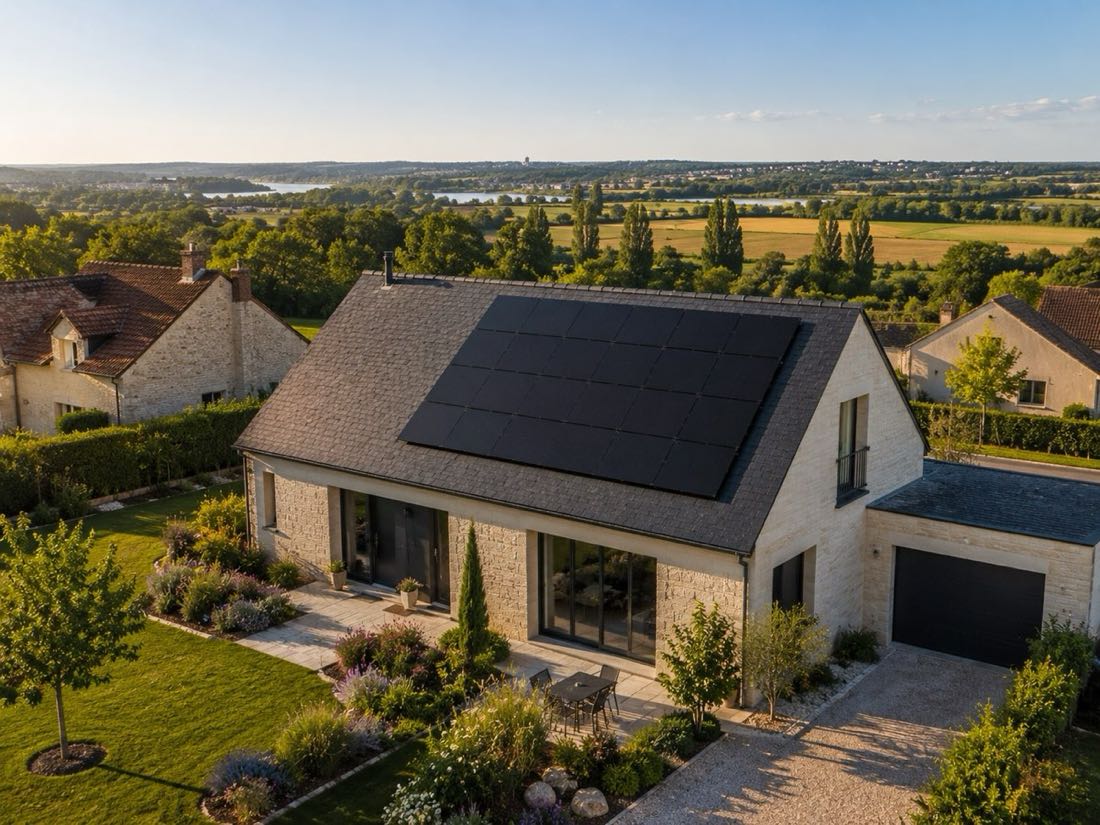 Maison en pierre de tuffeau au toit d'ardoise équipée de panneaux solaires en Centre-Val de Loire