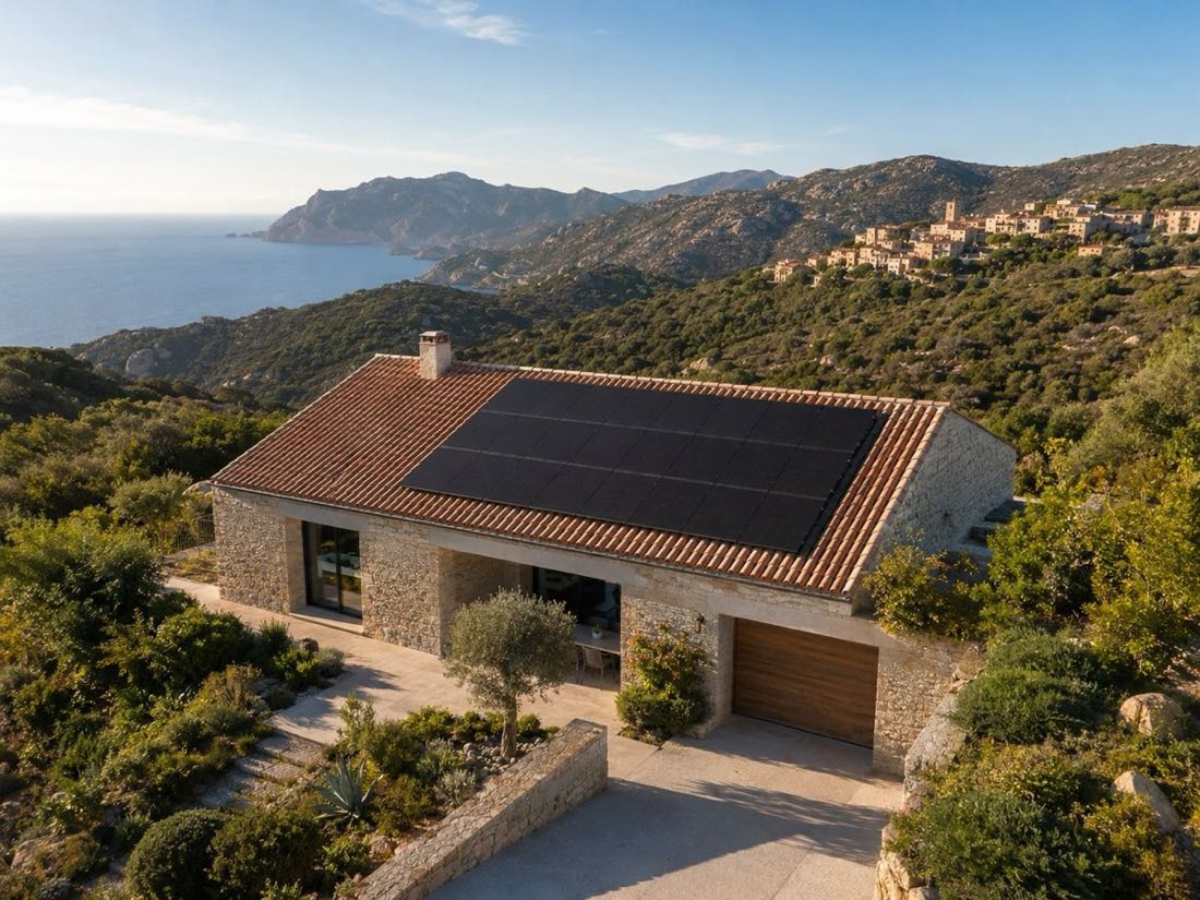 Maison en pierre équipée de panneaux solaires photovoltaïques face au maquis et à la mer en Corse