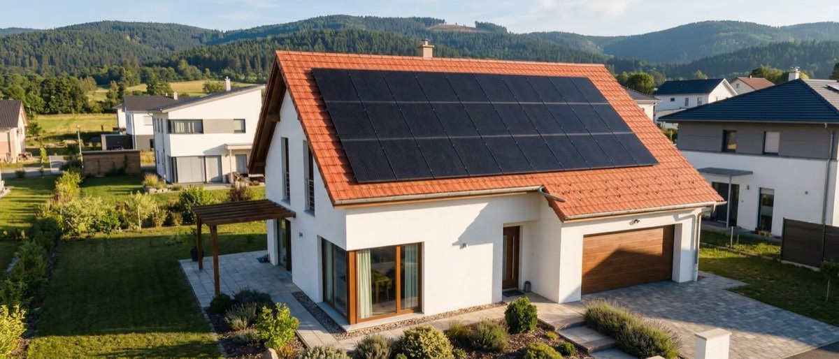 Maison équipée de panneaux solaires photovoltaïques devant les reliefs boisés du Grand Est