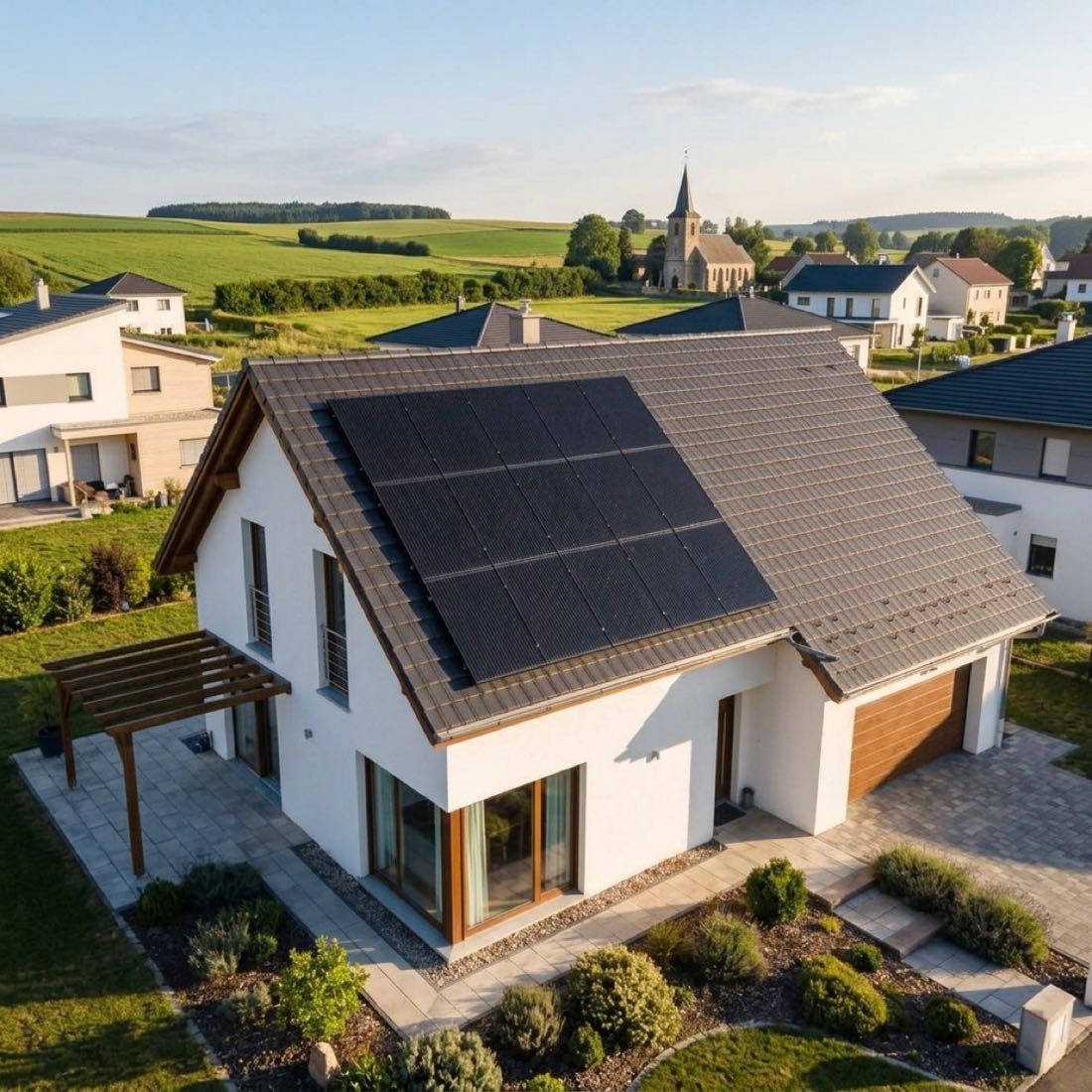 Maison équipée de panneaux solaires photovoltaïques dans un village des Hauts-de-France