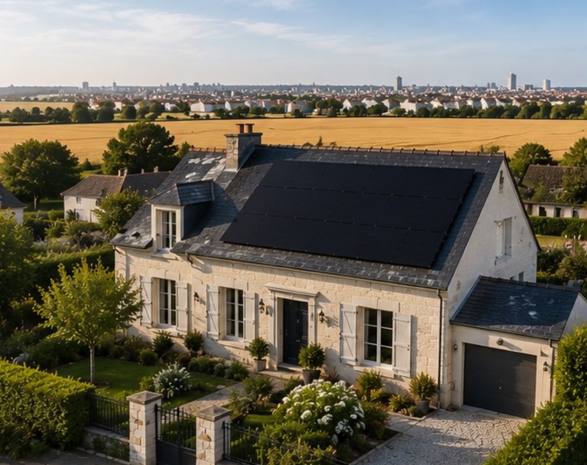 Maison en pierre équipée de panneaux solaires photovoltaïques, champs de blé et silhouette urbaine en Île-de-France