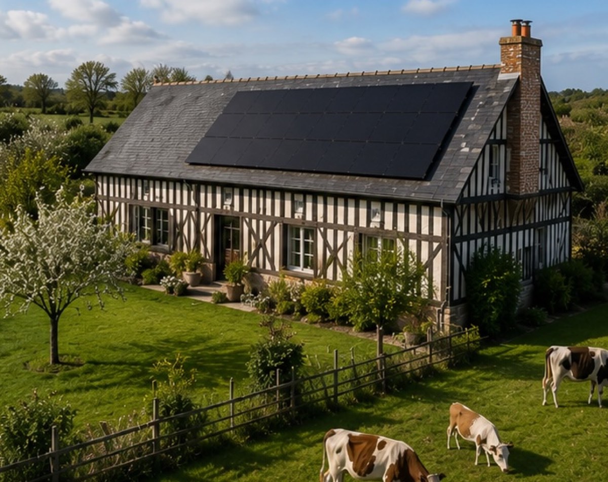 Longère à colombages équipée de panneaux solaires photovoltaïques, verger et vaches en Normandie