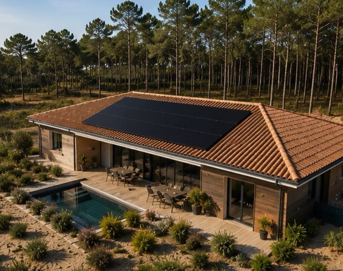 Maison basse au toit de tuiles équipée de panneaux solaires devant la forêt de pins des Landes en Nouvelle-Aquitaine