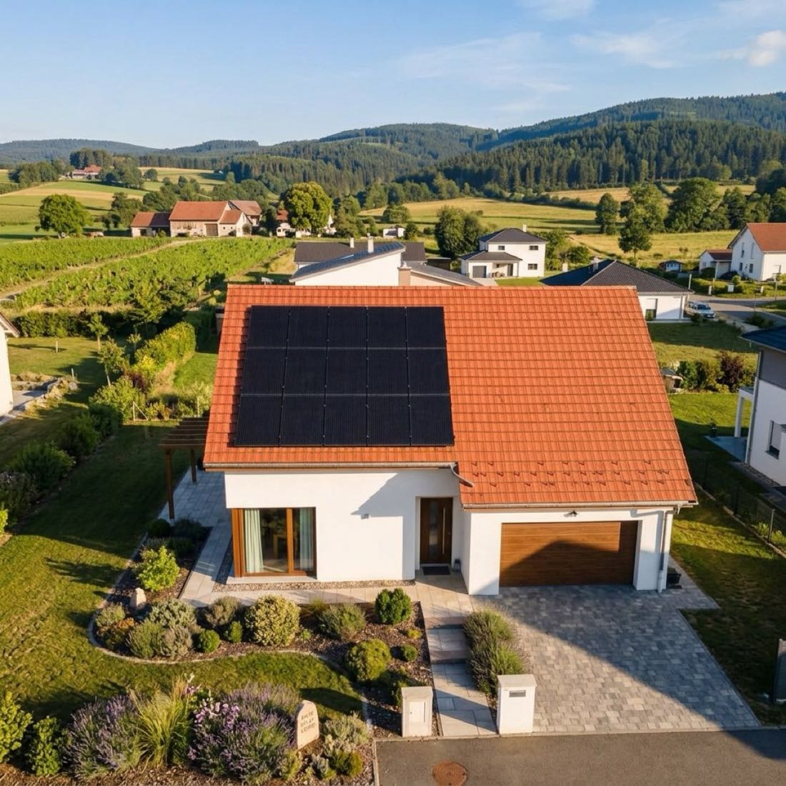 Maison équipée de panneaux solaires photovoltaïques entourée de vignes en Occitanie