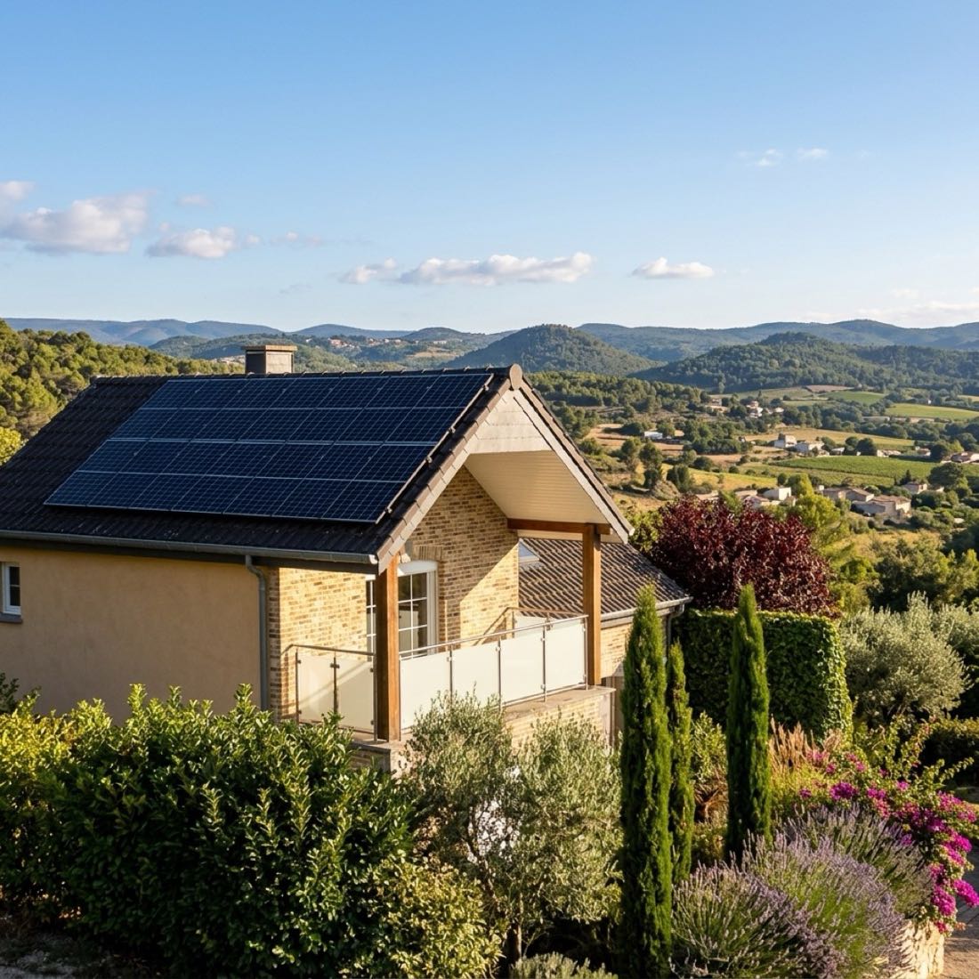 Toiture équipée de panneaux solaires photovoltaïques sur une maison en Provence-Alpes-Côte d'Azur