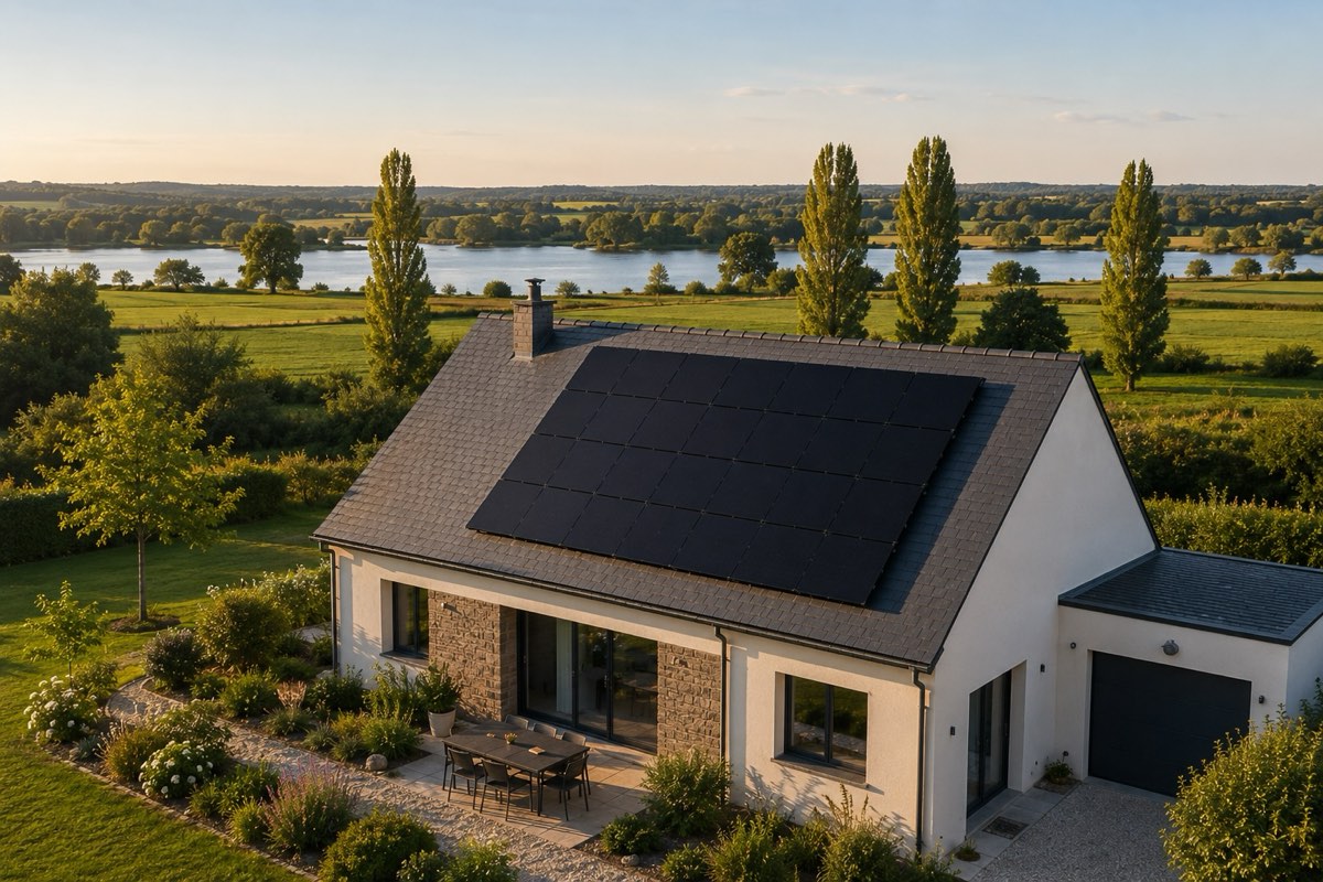 Maison équipée de panneaux solaires photovoltaïques au bord de la Loire, peupliers et prairies en Pays de la Loire