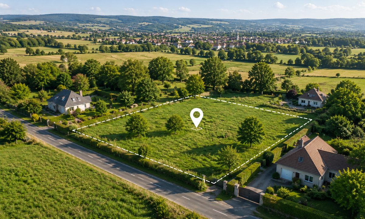 Vue aérienne d'un terrain constructible délimité avec sa parcelle cadastrale