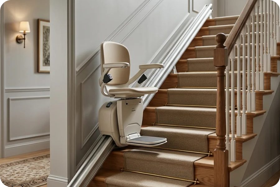 Fauteuil monte-escalier installé le long d'un escalier droit avec rail fixé aux marches