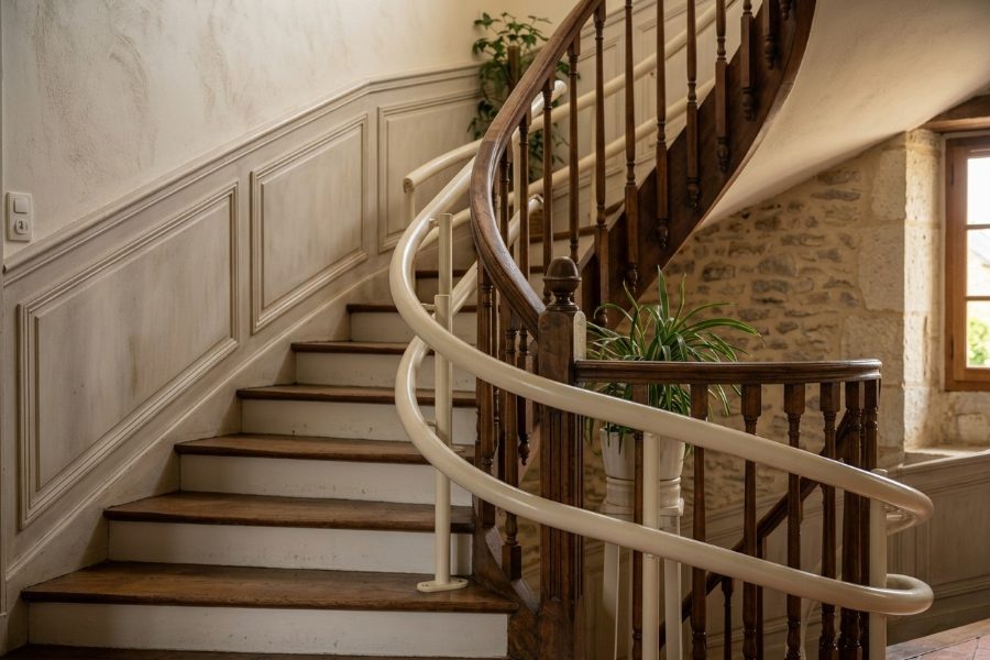 Rail de monte-escalier cintré sur mesure suivant un escalier tournant en bois